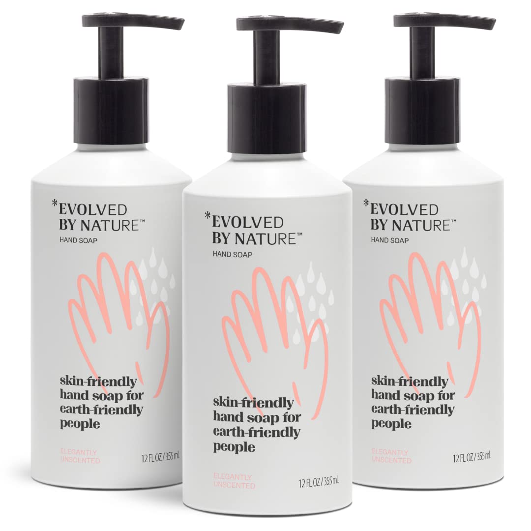 EVOLVED BY NATURE three-pack liquid hand soap bottles on a bathroom counter