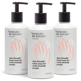 EVOLVED BY NATURE three-pack liquid hand soap bottles on a bathroom counter