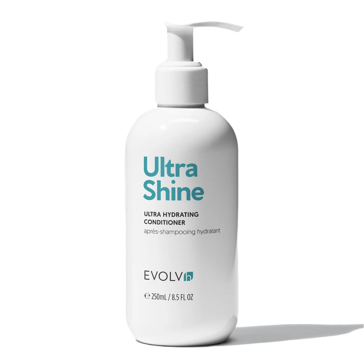 EVOLVh UltraShine Moisture Conditioner bottle front shows branding and premium clean formula benefits.