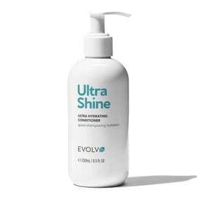 EVOLVh UltraShine Moisture Conditioner bottle front shows branding and premium clean formula benefits.