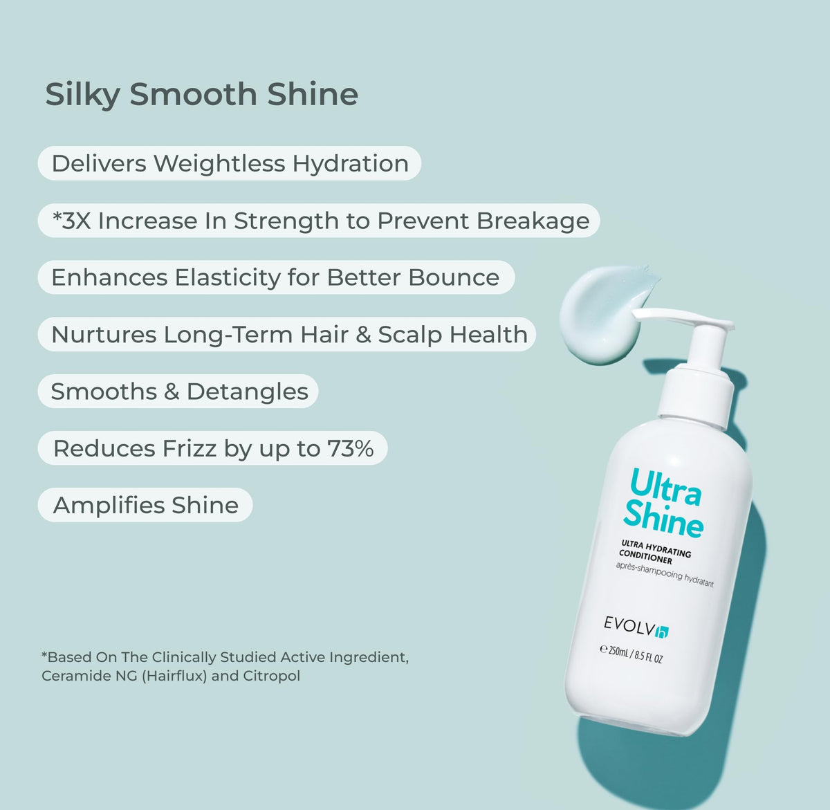 Close-up of EVOLVh UltraShine conditioner being poured for smooth, detangling glide.