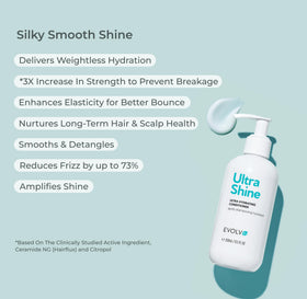 Close-up of EVOLVh UltraShine conditioner being poured for smooth, detangling glide.