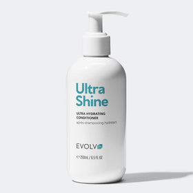 Routine shot showing EVOLVh UltraShine Moisture Conditioner as part of a hair care regimen.