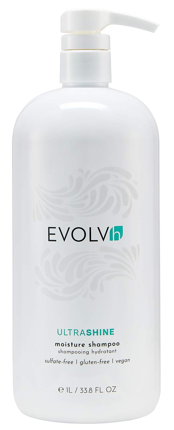 EVOLVh UltraShine Moisture Shampoo bottle shows color-safe formula for all hair types.