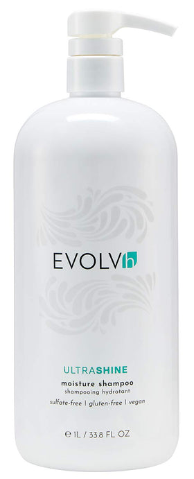 EVOLVh UltraShine Moisture Shampoo bottle shows color-safe formula for all hair types.
