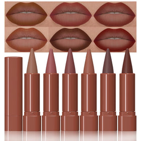 evpct warm matte lipstick collection showing six shades for versatile everyday looks.