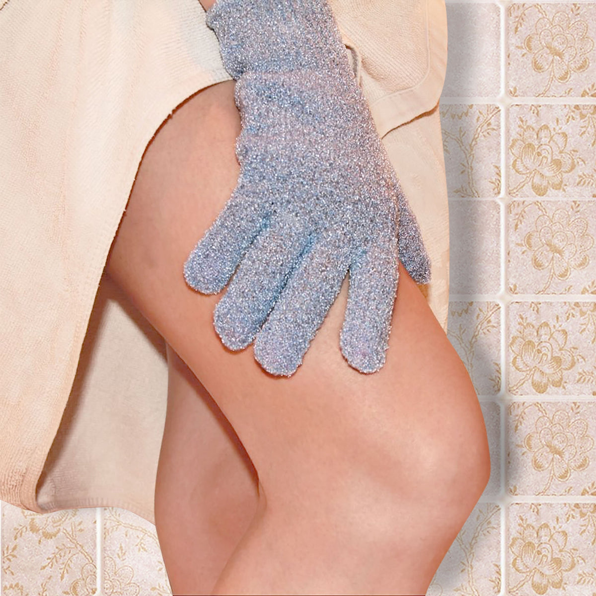 Evridwear glove in shower use demonstrating convenient skin exfoliation.