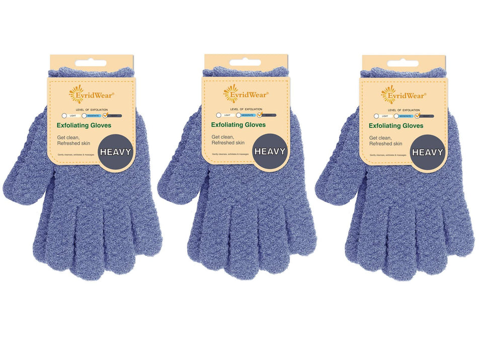 Evridwear exfoliating gloves front view in a 3-pack for smooth skin prep.