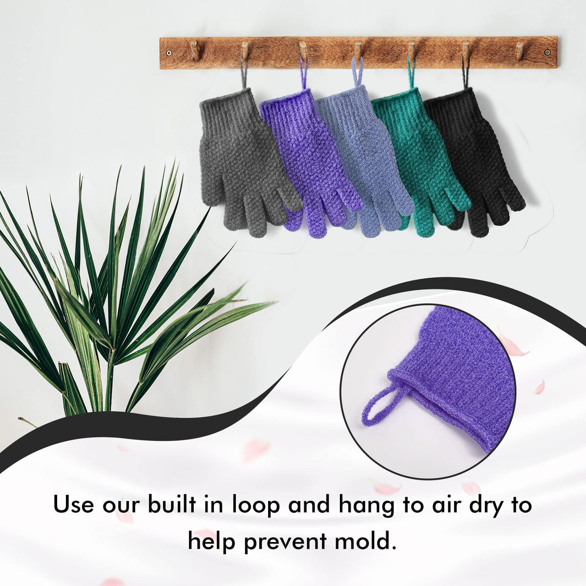 Evridwear exfoliating gloves hanging loop for easy air dry after use