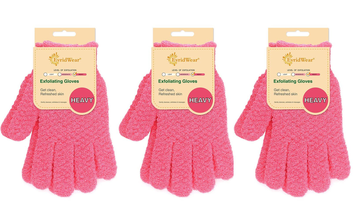 Evridwear exfoliating gloves in hot pink for gentle shower exfoliation.
