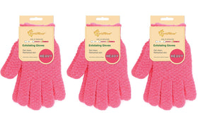 Evridwear exfoliating gloves in hot pink for gentle shower exfoliation.