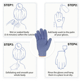 Evridwear gloves shown on neck and shoulders for exfoliation.