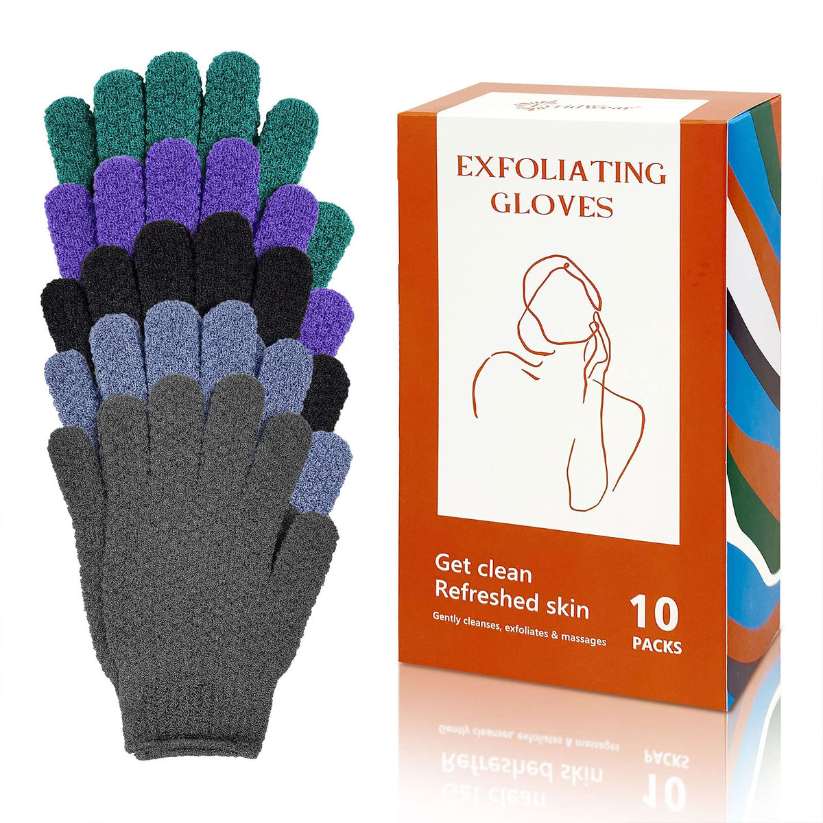 Evridwear exfoliating gloves worn, dual textures gently remove dead skin