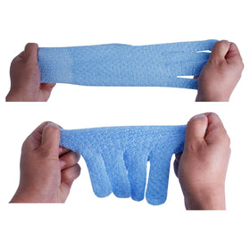 Evridwear gloves shown exfoliating neck and shoulders for a revitalized body care routine.