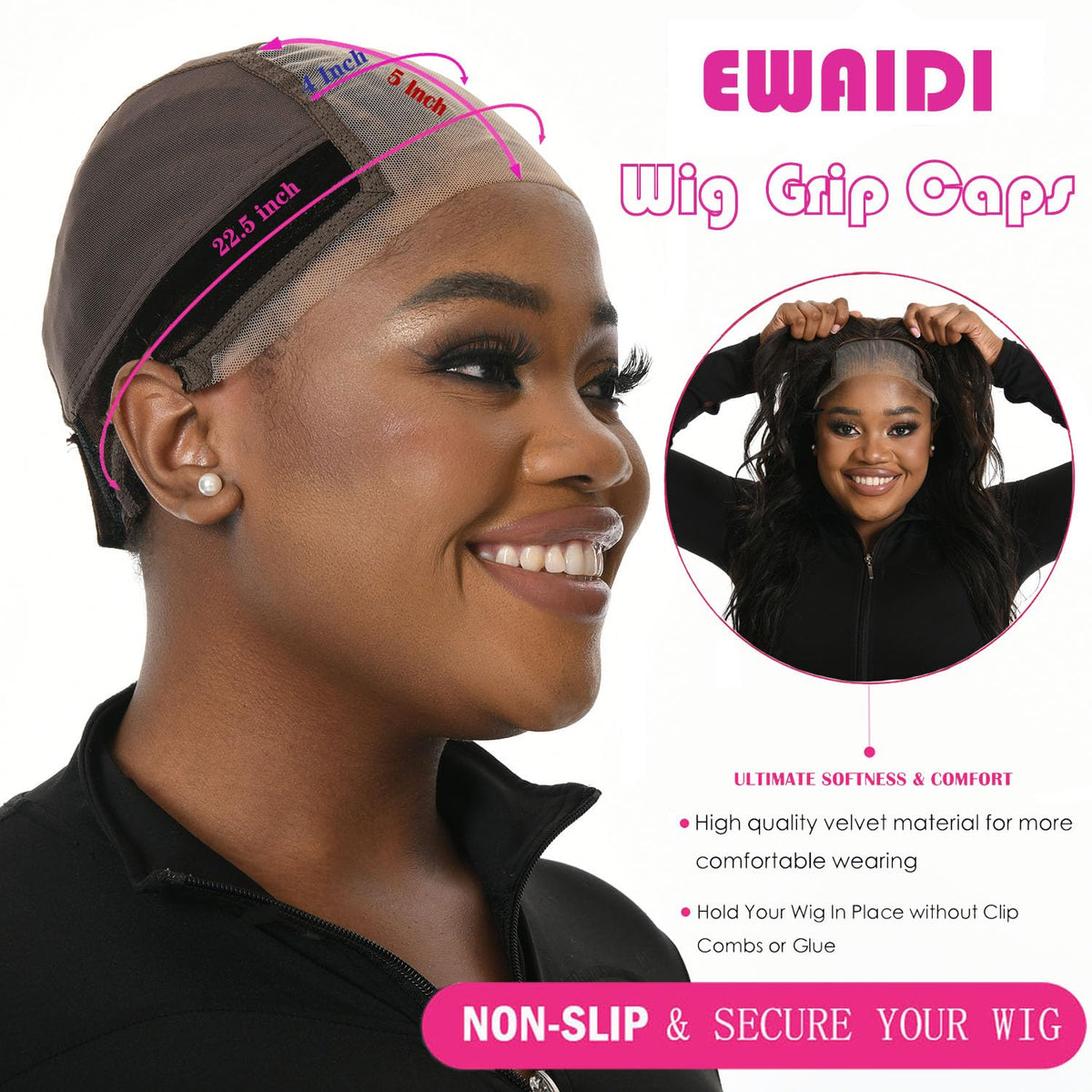 EWAIDI adjustable wig cap with breathable mesh for cooler wear.