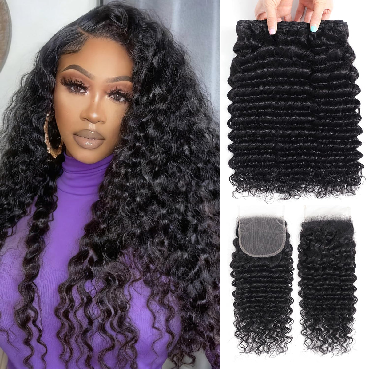 EWV deep wave bundles with closure 22 inch showing natural, fluffy curls for everyday wear