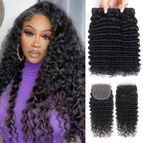 EWV deep wave bundles with closure 22 inch showing natural, fluffy curls for everyday wear