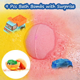 Excalla bath bombs reveal pull-back cars as bubbles form and colors swirl.