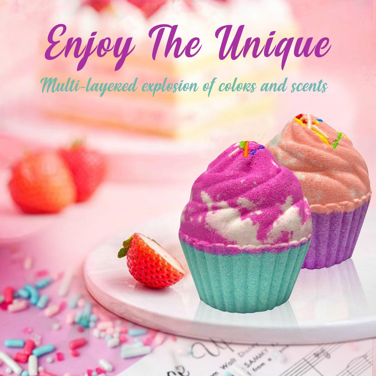 Excalla Blueberry scent supports a feel-good, color-filled soak.