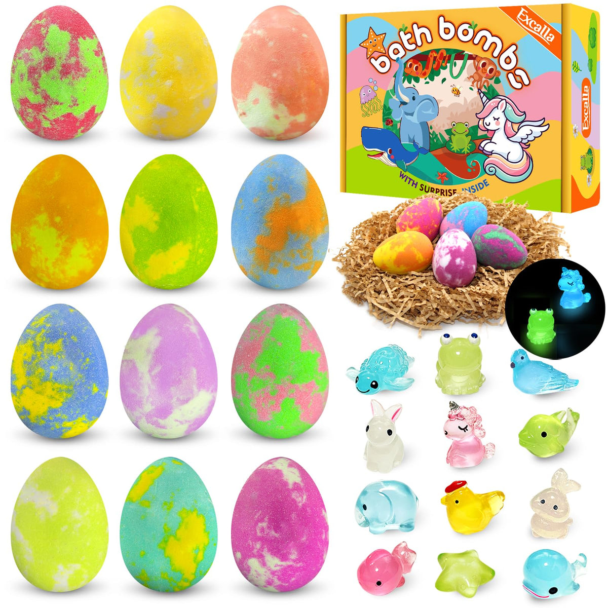 Excalla Easter Bath Bombs 12-pack delivers vibrant fizz for kid-friendly baths.