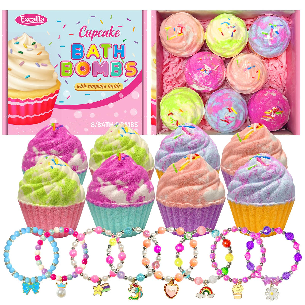 Excalla Easter Cupcake Bath Bombs with surprise toy inside for kids' bath time fun.