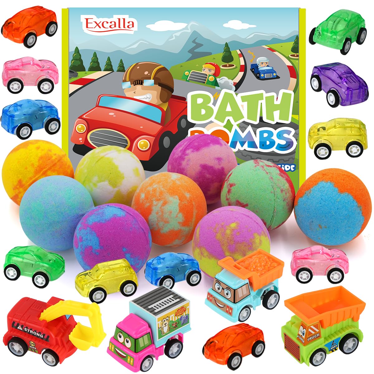 Excalla kids bath bombs with nine-pack assortment and hidden pull-back cars for playful baths.