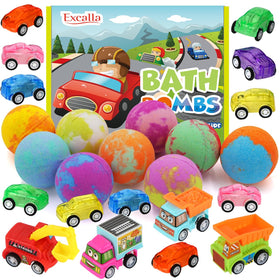 Excalla kids bath bombs with nine-pack assortment and hidden pull-back cars for playful baths.