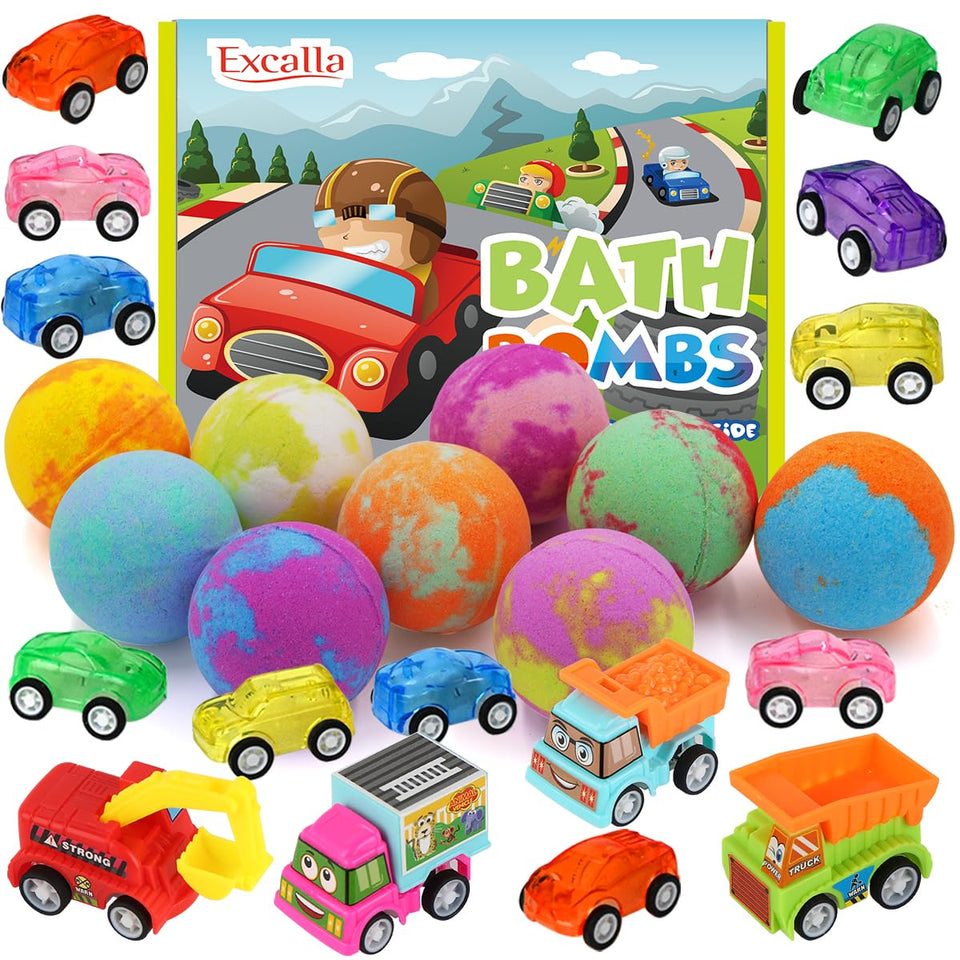 Excalla kids bath bombs with nine-pack assortment and hidden pull-back cars for playful baths.