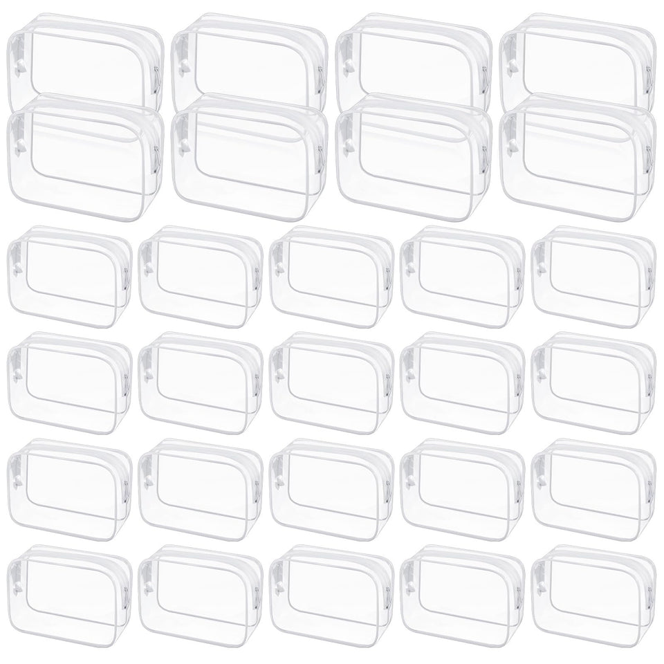 Exclaith 28-pack clear cosmetic bags set for organized travel and quick access.