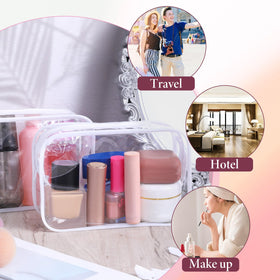 Exclaith transparent cosmetic bag with zipper for easy storage and retrieval.