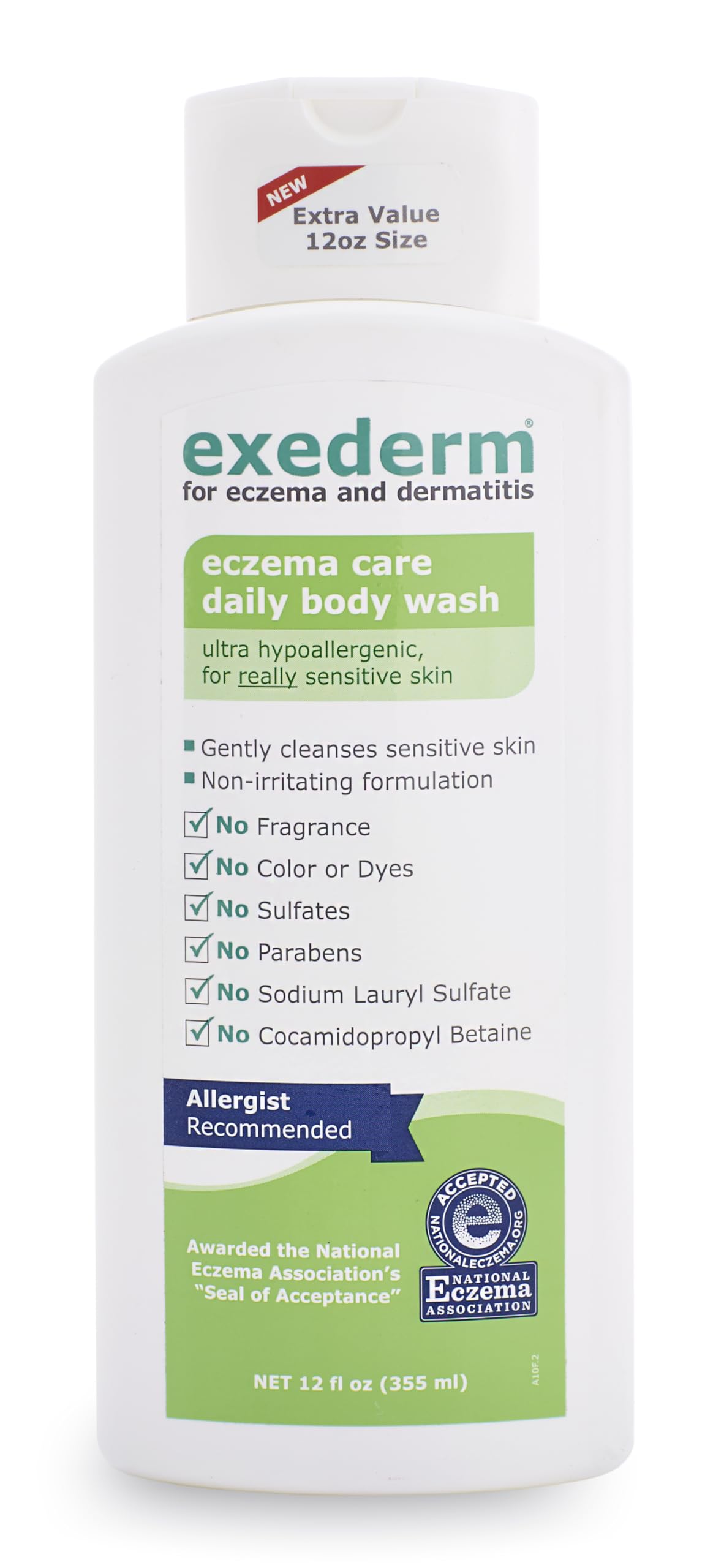 Exederm bottle with pump for ultra-sensitive skin cleansing without irritation.