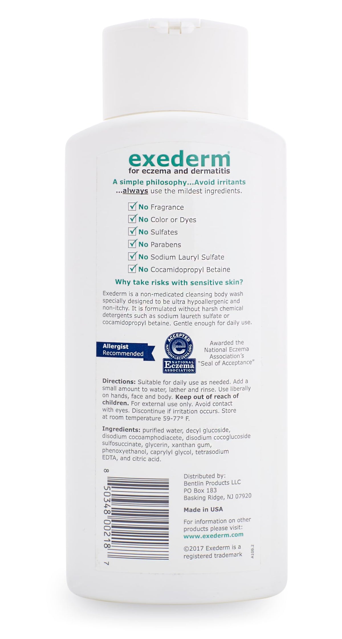 Hand applying Exederm Body Wash on dry skin for daily relief.