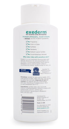 Hand applying Exederm Body Wash on dry skin for daily relief.