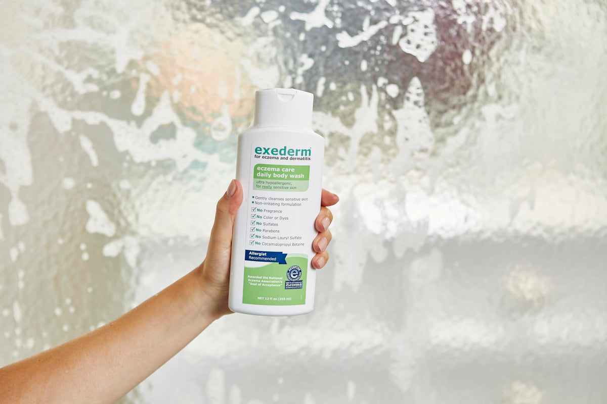 Close-up of Exederm label showing fragrance-free formula.