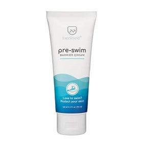 Exershield Pre-Swim Lotion bottle close-up, fragrance-free barrier for swimmers