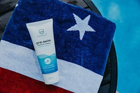 Exershield Pre-Swim Lotion label focusing on chlorine and salt protection