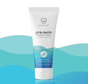 Packaging of Exershield Pre-Swim Lotion shows reef-safe, fragrance-free formula