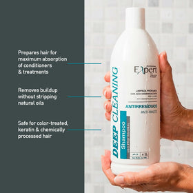 Pour view of Expert Hair Anti-Residue Shampoo showing easy rinse texture for all hair types.