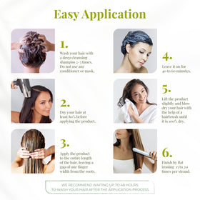 Step-by-step at-home use of Expert Hair Bio Protein Botox Treatment: wash, apply, wait, rinse, style.