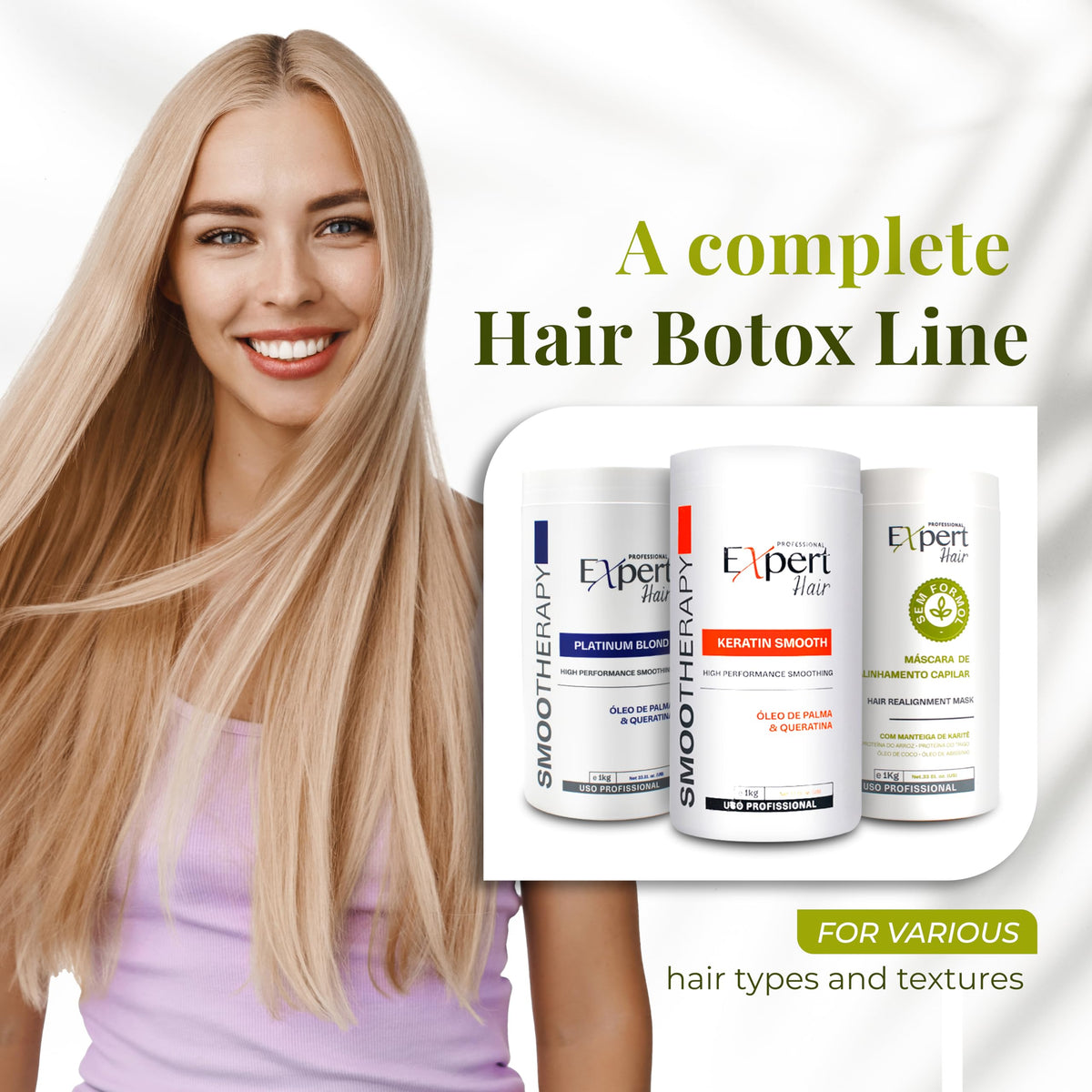 Before and after visuals show sleek, frizz-free hair with Expert Hair Bio Protein Botox Treatment.