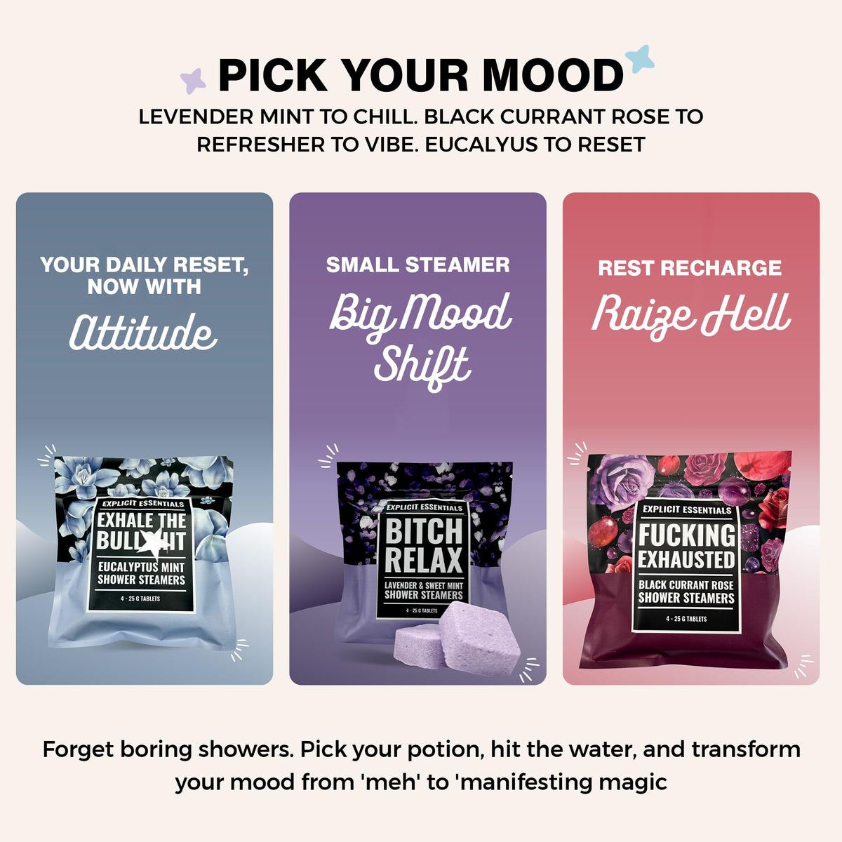 Explicit Essentials Lavender Mint steamer in action for a calming shower ritual.