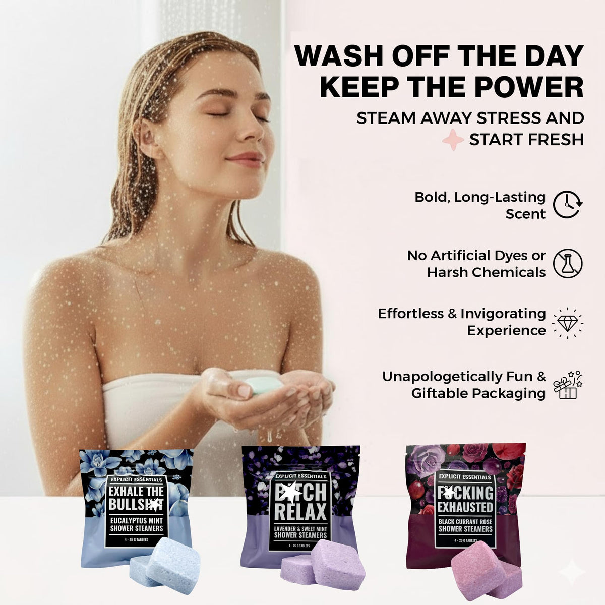 Explicit Essentials three-blend set displayed on vanity, ideal for cozy routines.