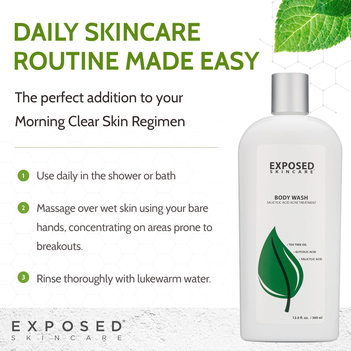 Exposed Skin Care back chest area cleanse closeup focusing on smoother-looking skin
