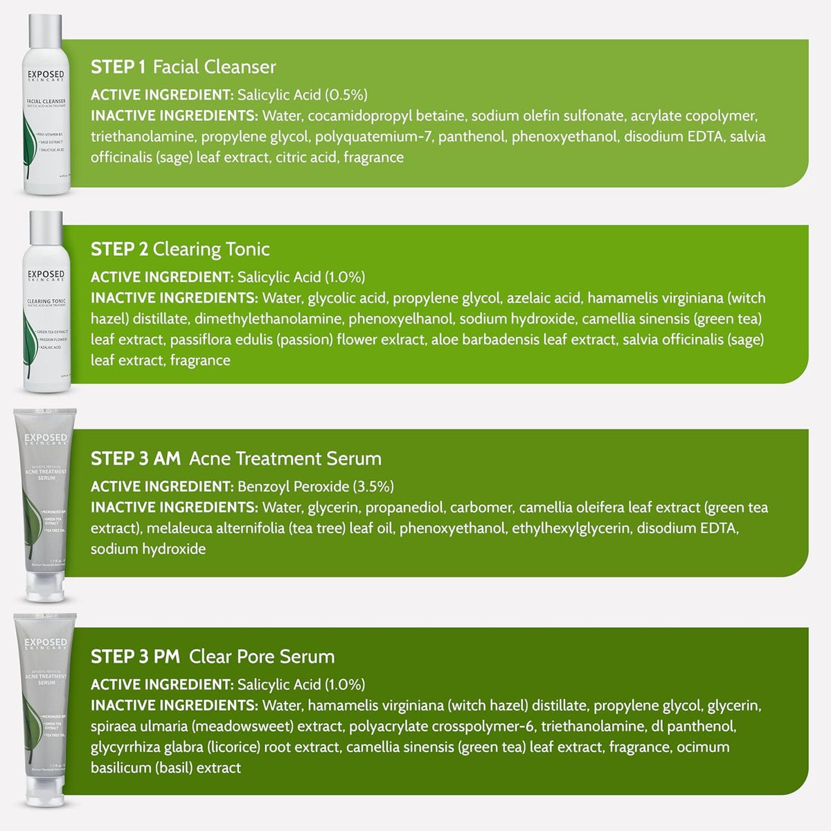 Exposed Skin Care Basic Acne Treatment Kit daily routine close-up shows simple teen and adult acne care