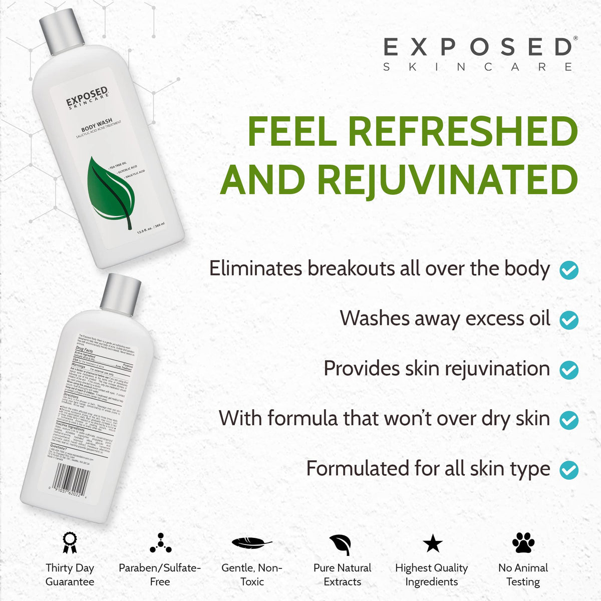 Exposed Skin Care wet skin rinse shot illustrating clean, refreshed post-shower feel