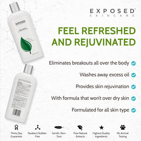 Exposed Skin Care wet skin rinse shot illustrating clean, refreshed post-shower feel
