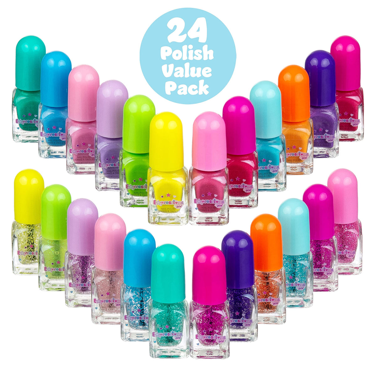 Expressions 12 glitter and 12 shiny shades displayed for easy outfit matching