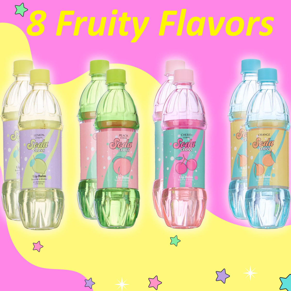 EXPRESSIONS 8pc Pop Gloss cherry flavor keeps lips hydrated with playful soda design