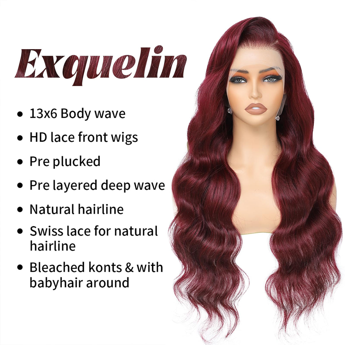 Exquelin 13x6 lace-front human hair wig with versatile parting options.