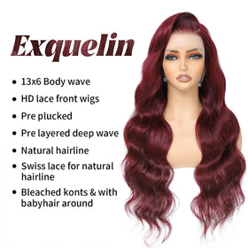 Exquelin 13x6 lace-front human hair wig with versatile parting options.